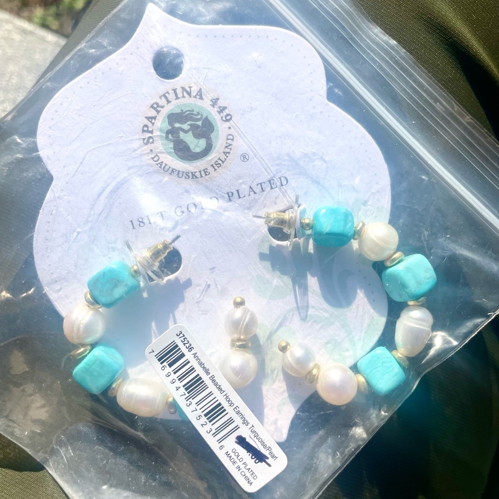 Spartina 449 Turquoise and Pearl hoop earring 18 k gold plated